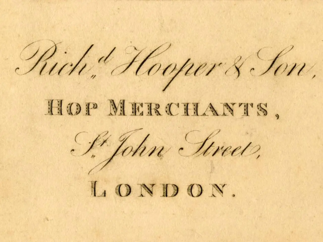 The image shows an old business card with the words "Rich, Hooper & Son, Hop Merchants, St John...