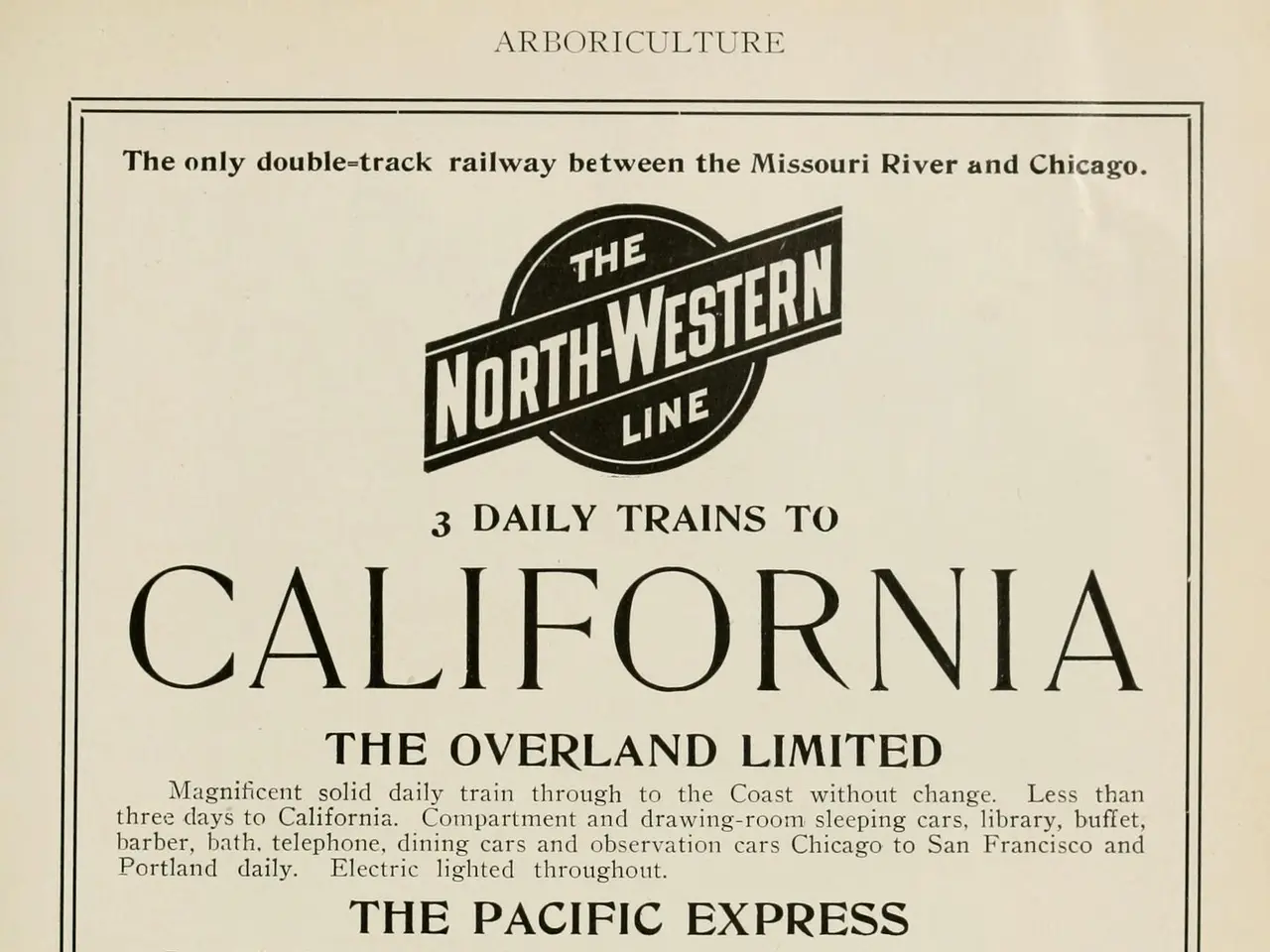 The image shows a paper with the text "The North Western Line - 3 Daily Trains to California, The...