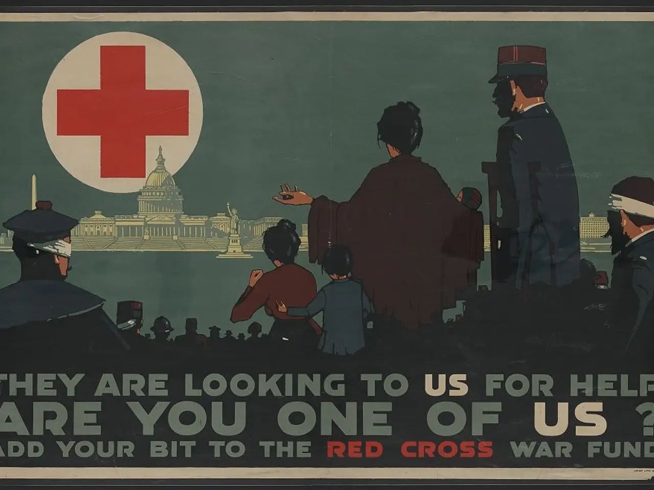 The image shows a poster with a group of people standing in front of a building with a red cross...