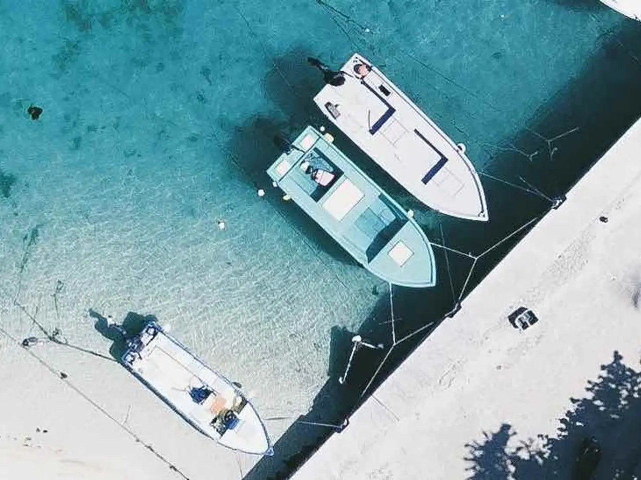 The image shows an aerial view of a beach with boats docked in the water, surrounded by lush green...