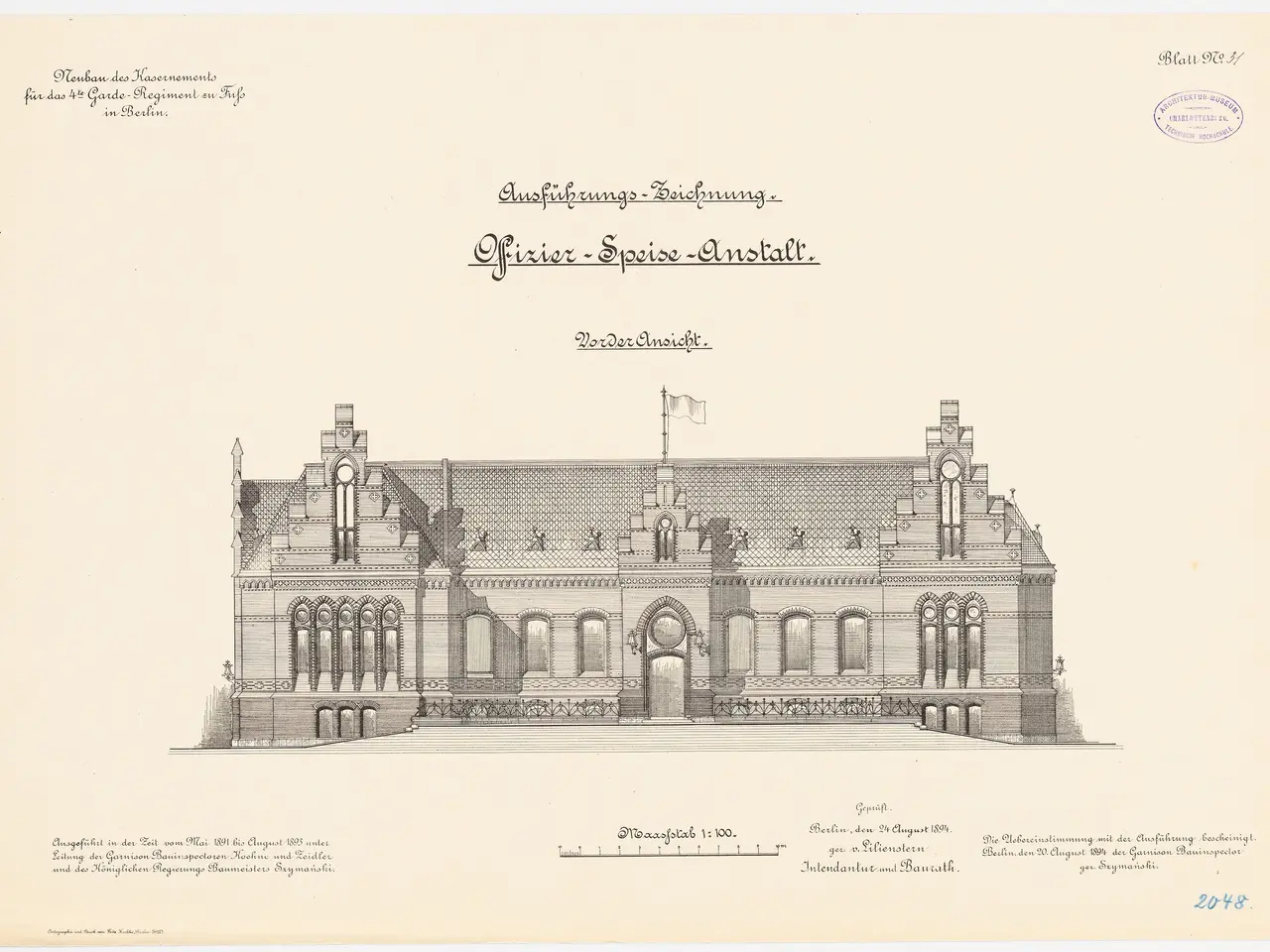 The image shows a drawing of a building with a flag on top of it, which is the main hall of the...