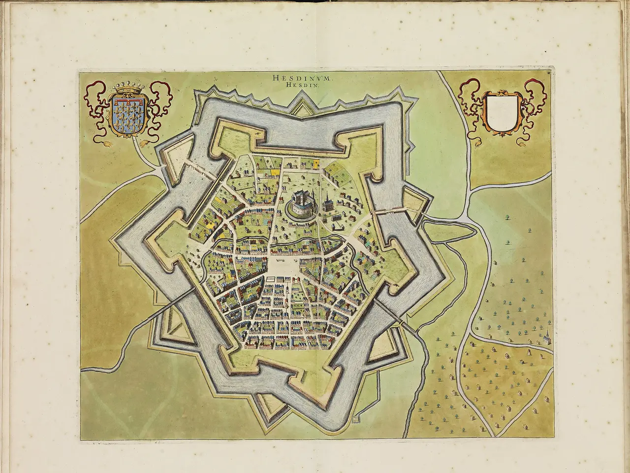 The image shows an open book with a map of the city of Heidelberg, Germany. The map is detailed and...