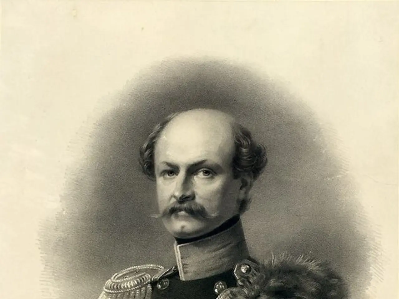 The image shows a black and white photo of a man in a military uniform, believed to be Frederick V...