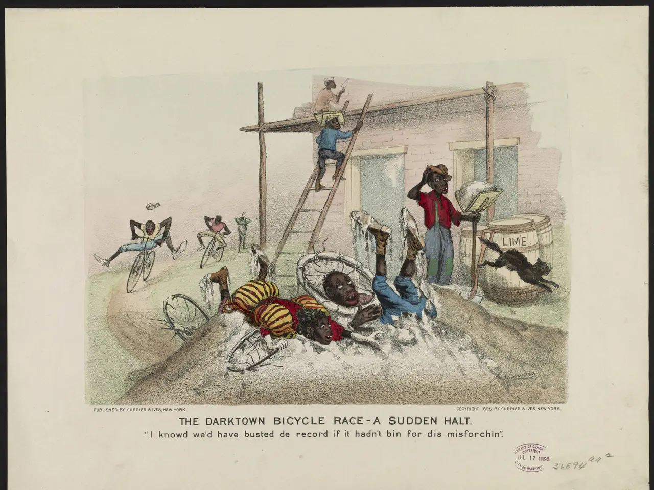 The image shows a poster depicting a darktown bicycle race, with a sudden halt. There are several...