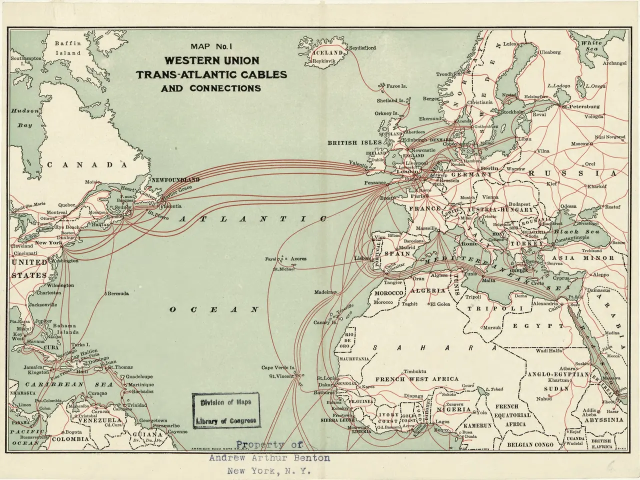 The image shows a map of the Western Union Trans-Atlantic Cables and Connections, with text...