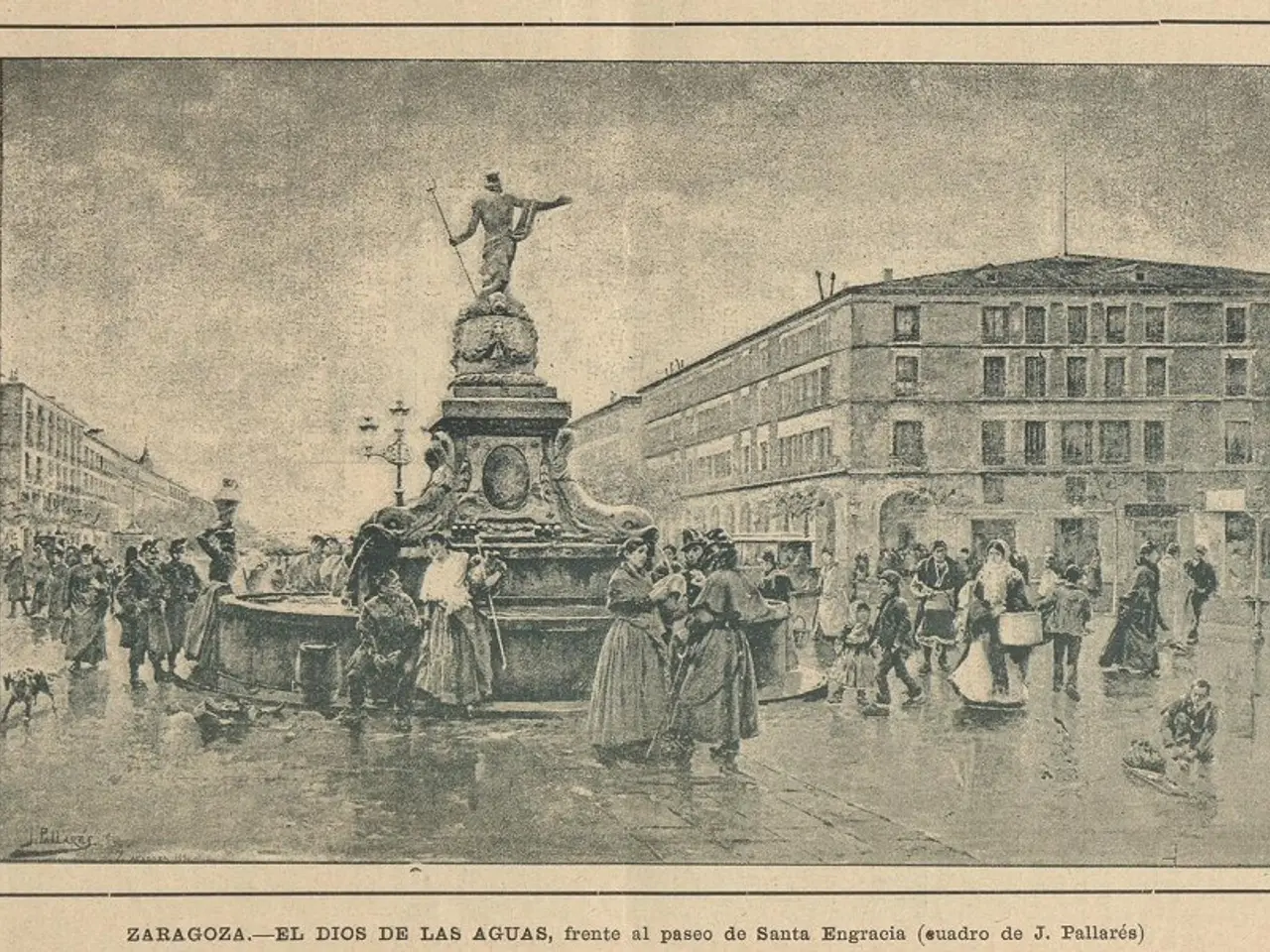 The image shows an old photo of a fountain in the middle of a city, surrounded by a group of...