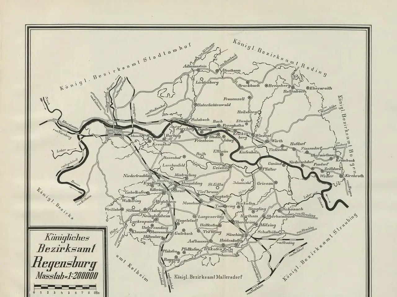 The image shows a black and white map of the city of Regensburg, Germany, with text written on it....