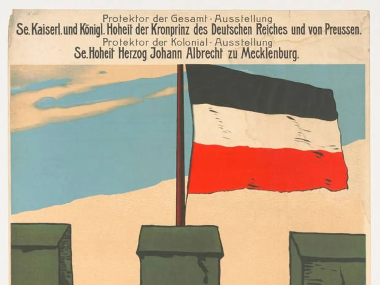 The image shows a poster with a German flag on top of it. The poster has text written on it, likely...