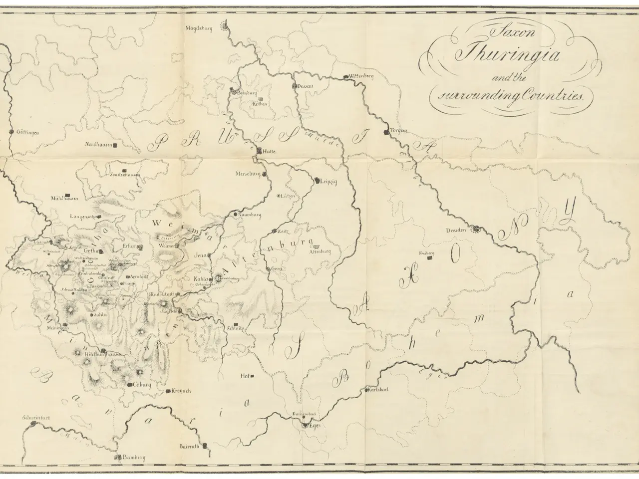 The image shows a map of the kingdom of Thuringia and the surrounding countries. It is a paper map...