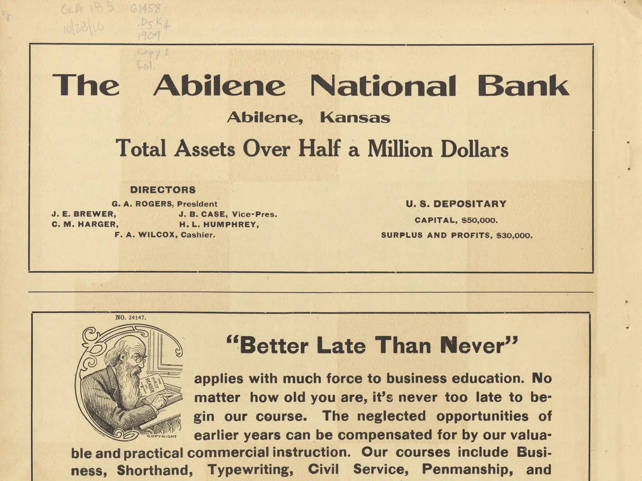 The image shows an old newspaper advertisement for the Abilene National Bank, featuring a picture...