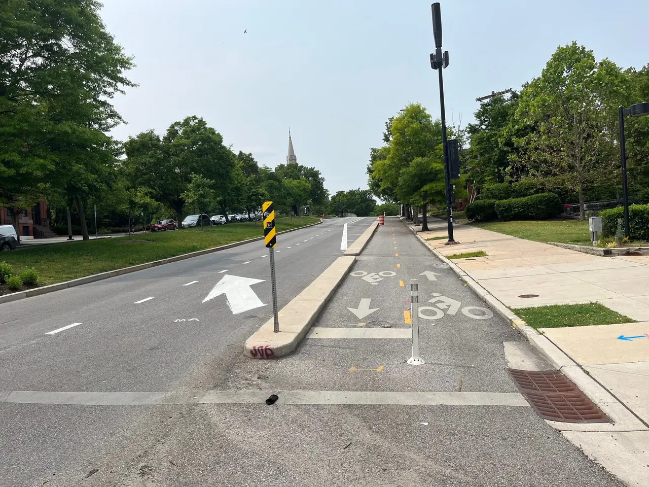 The image shows a street with a bike lane on the side of it, surrounded by grass, plants, trees,...