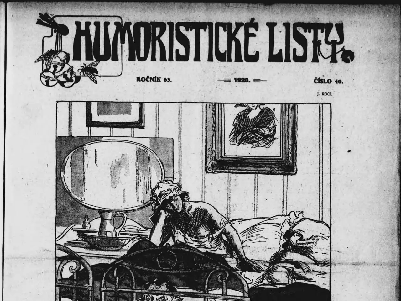 The image shows a black and white drawing of a person lying on a bed with a mirror on the table...