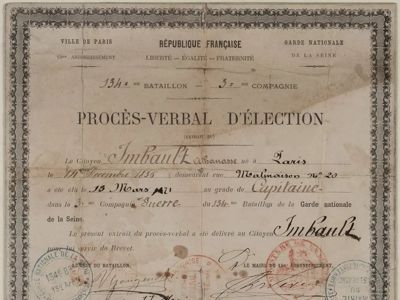 The image shows an old document with two stamps on it. The document appears to be a ballot, with...