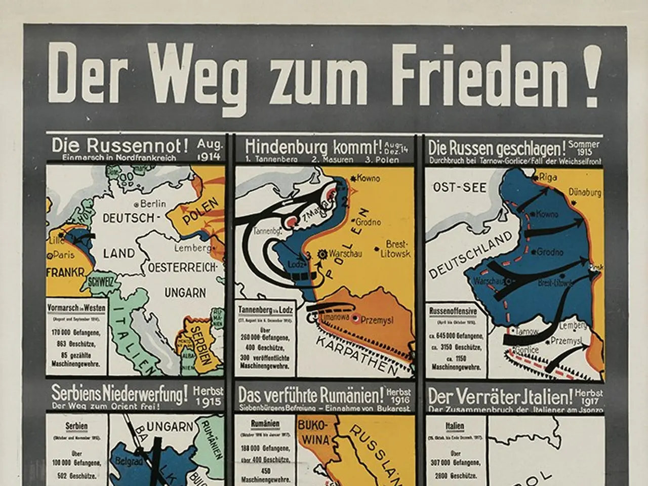 The image shows a poster with a map of Germany and the words "Der Weg zum Frieden" written on it....