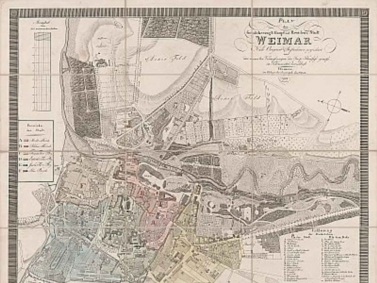 The image shows an old map of the city of Weimar, Germany, with text written on it. The map is...