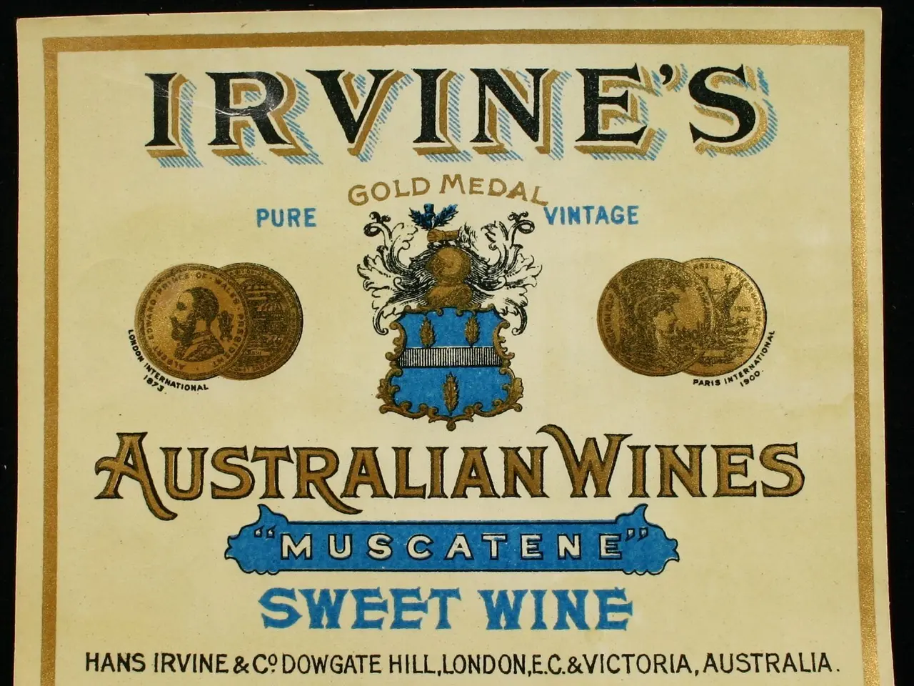The image shows a poster with the text "Irvine's Australian Wines Muscatene Sweet Wine" and a logo....