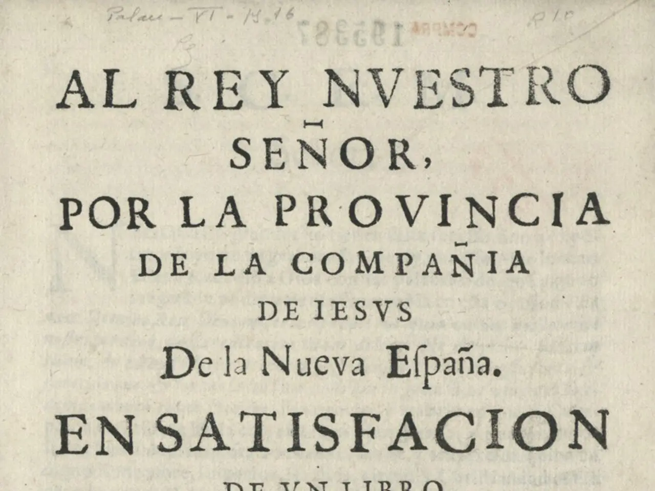 The image shows an old book with a red stamp on it, which reads "Al Rey Investro Senor, Por la...