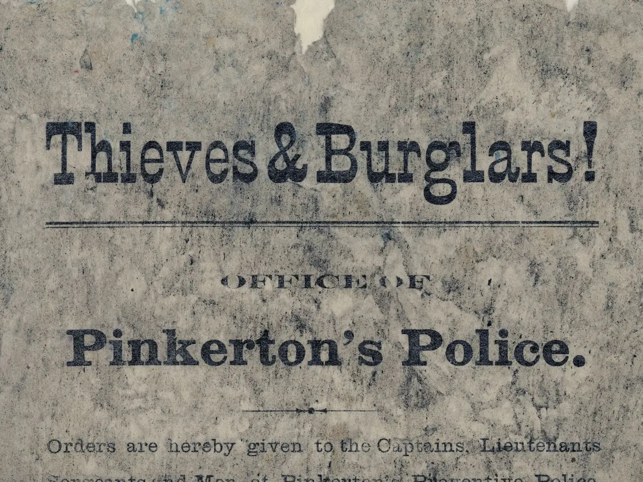 The image shows a poster with the words "Thieves & Burglars Pinkerton's Police" written in bold...