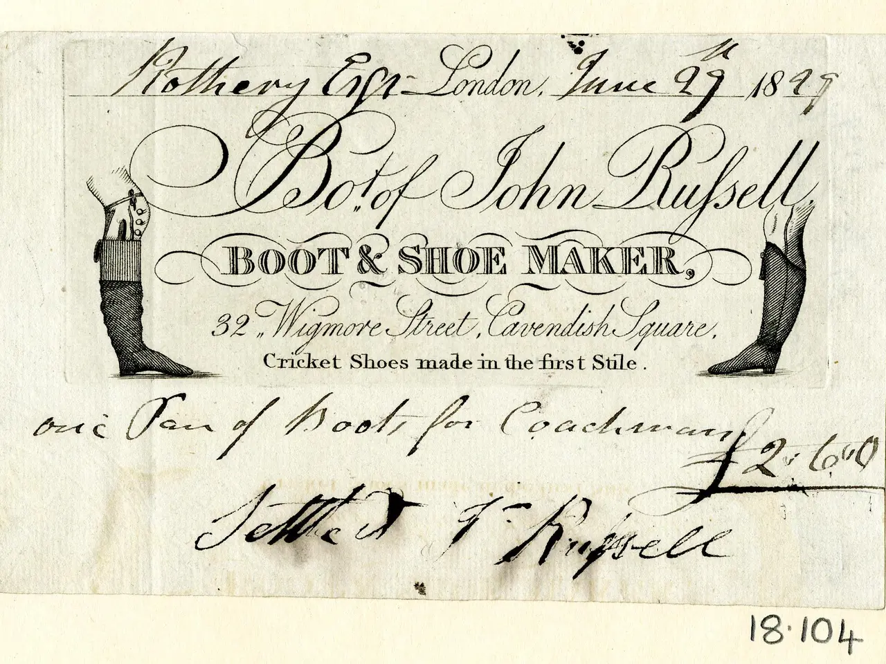 The image shows an old business card with a drawing of a pair of boots on it. The card has text...