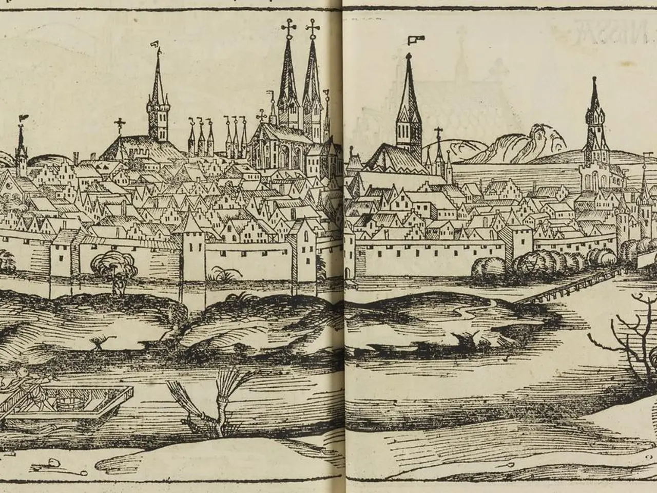 The image shows an open book with a drawing of a cityscape from the 16th century, depicting the...