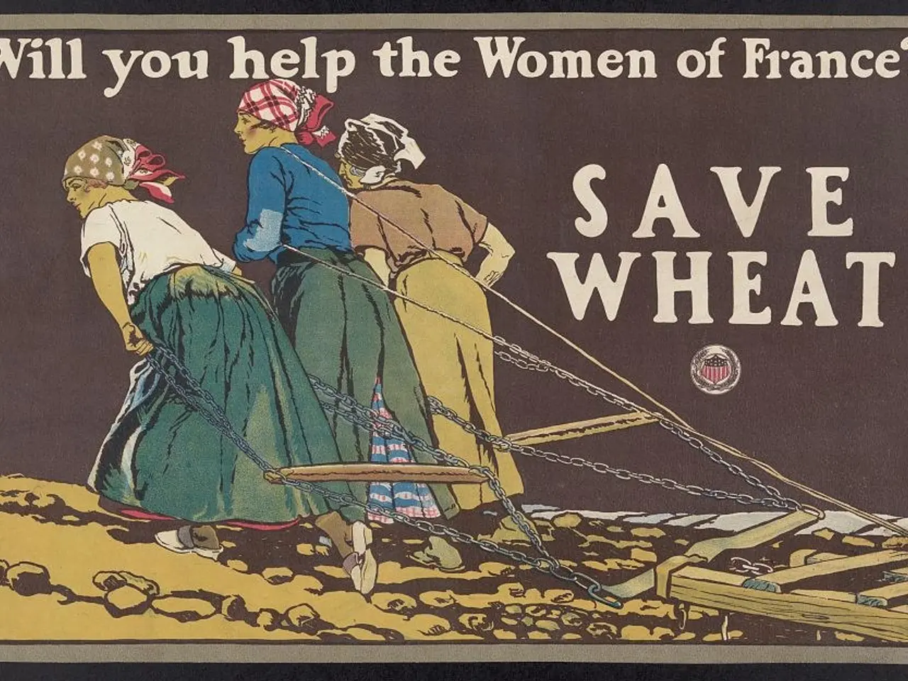 The image shows a poster with the words "Will you help the Women of France? Save Wheat" written...