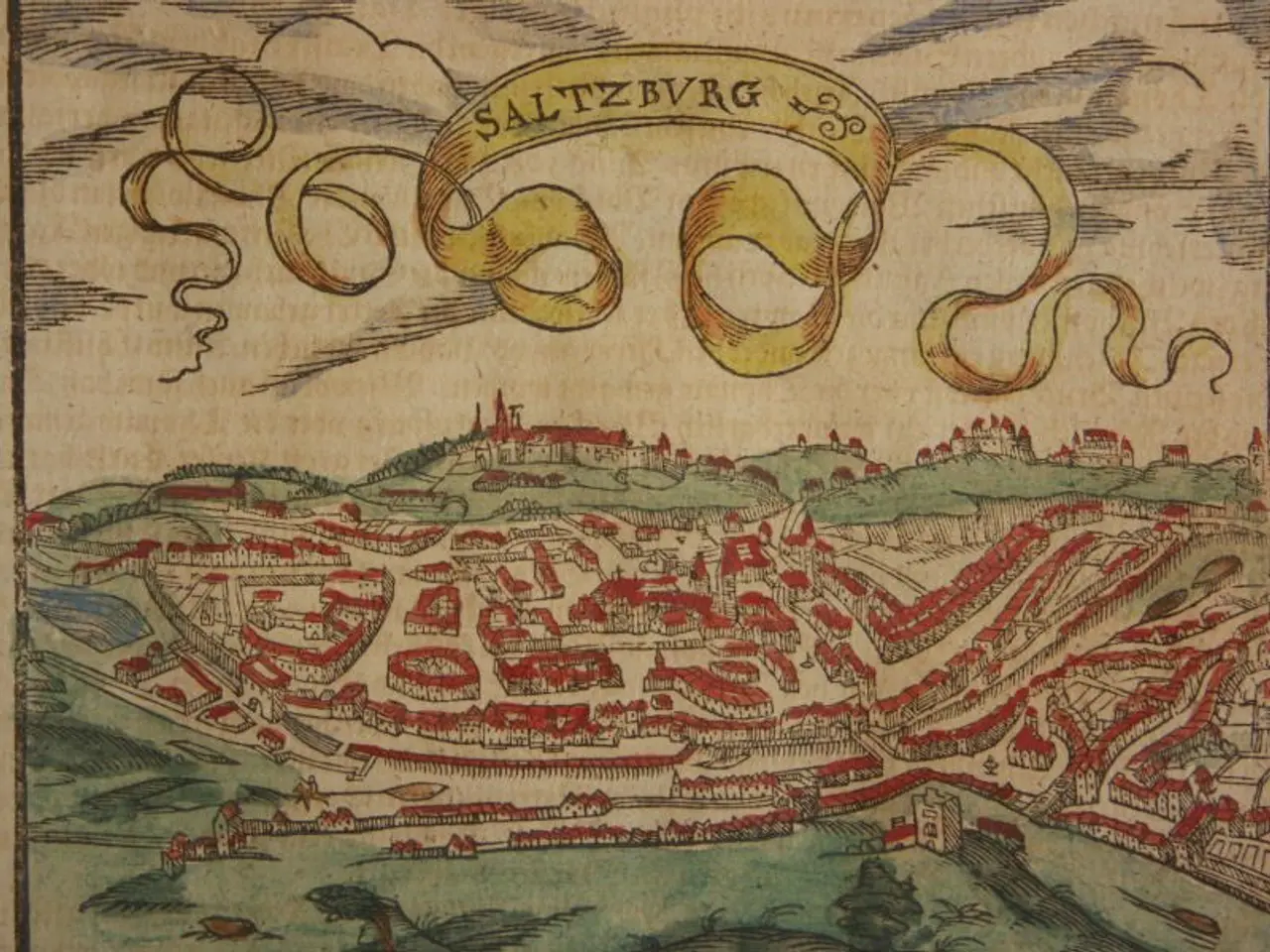 The image shows an old map of the city of Saltzburg, Germany, with text written on it. The map is...
