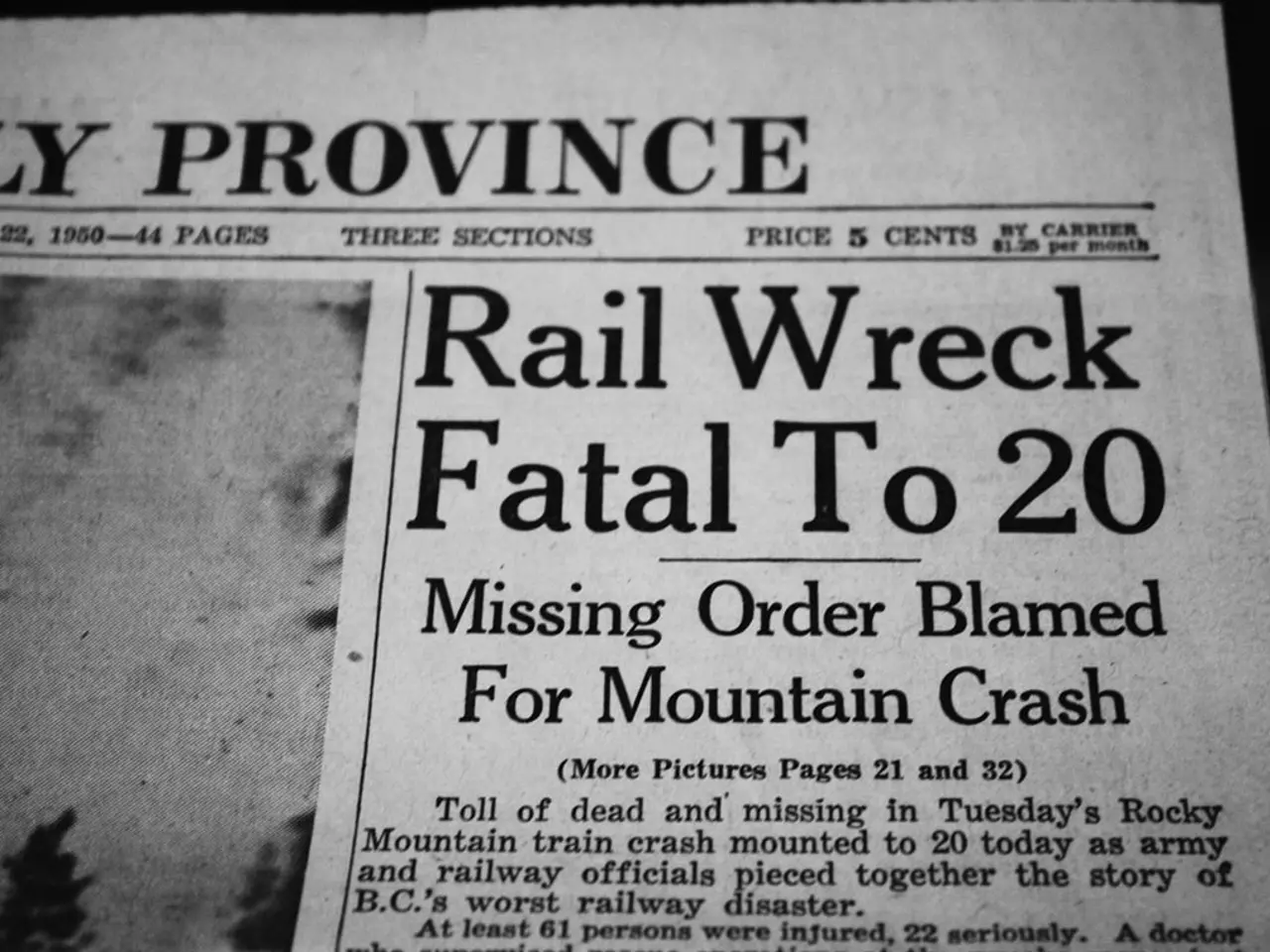 The image shows a black and white newspaper with the headline "Rail Wreck Fatal to 20" and a...