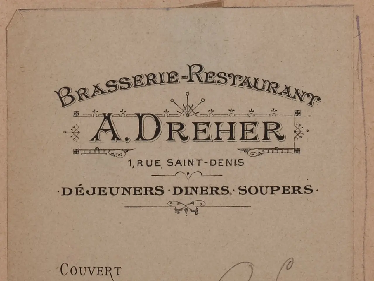The image shows an old book with a drawing of a brasserie restaurant on it. The paper has text...
