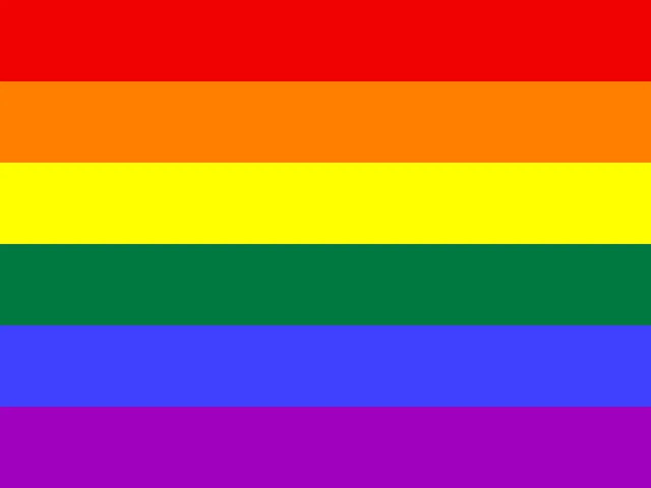The image shows a rainbow flag, which is composed of seven equal horizontal stripes of red, orange,...