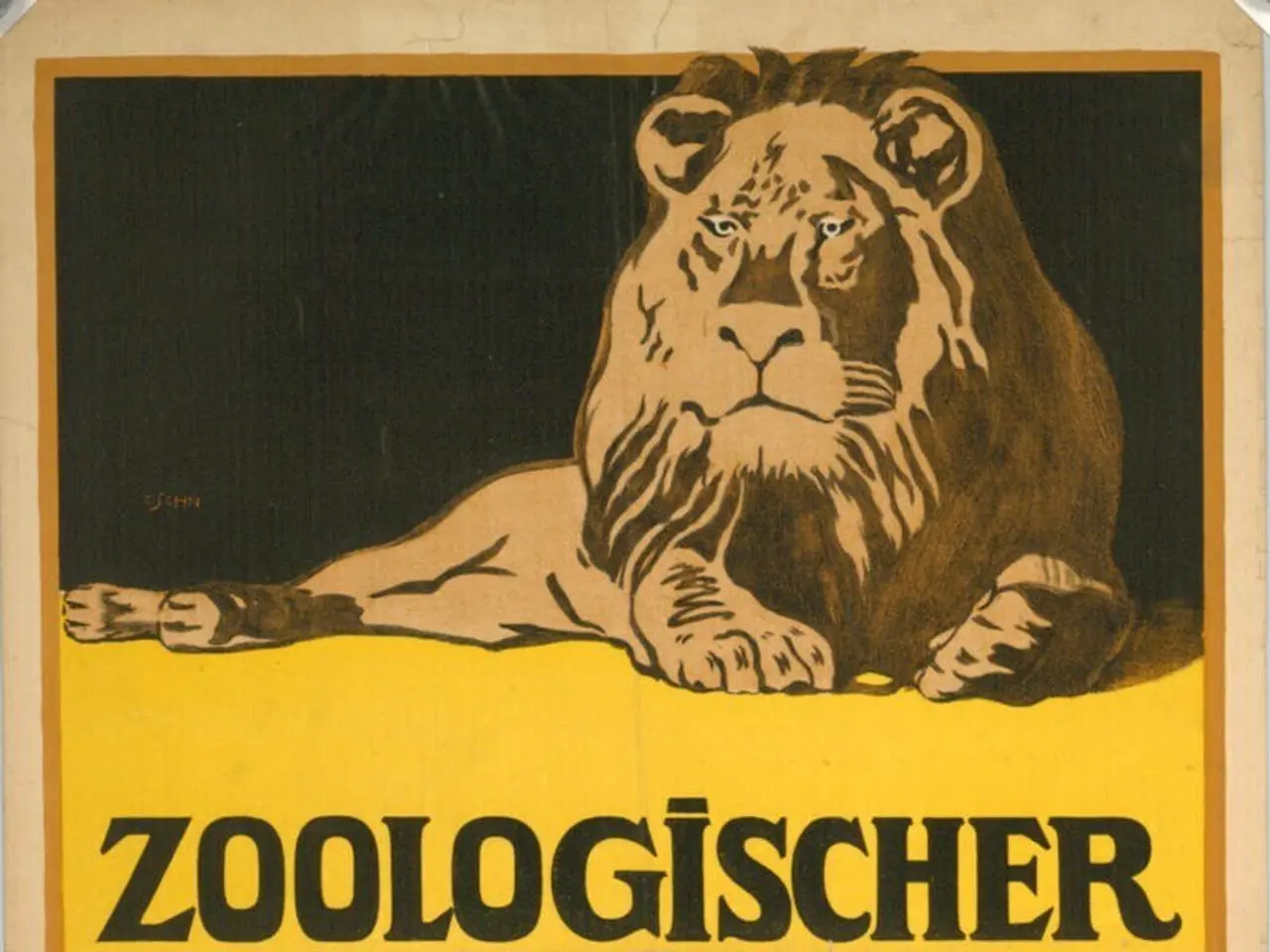The image shows a poster advertising a zoo with a lion on it. The poster has text written on it,...