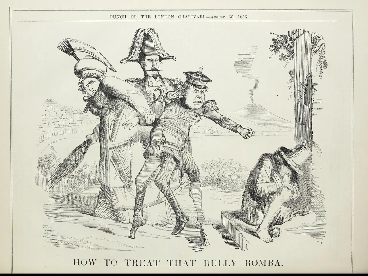 The image shows a paper with a drawing of three people, one of whom is holding a stick, and text...