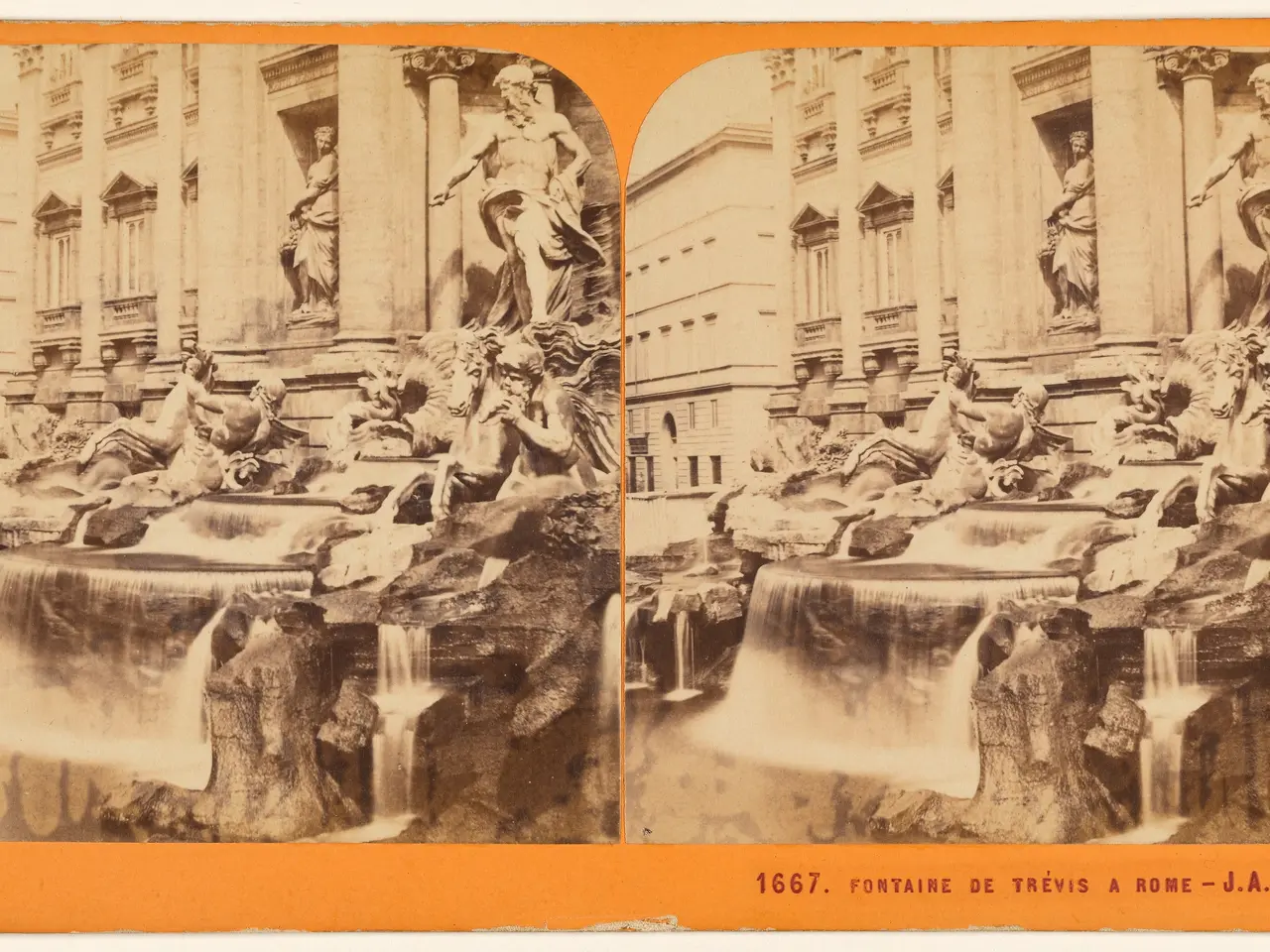 The image shows an old photo of the Trevi Fountain in Rome, Italy. It is a collage of two pictures,...