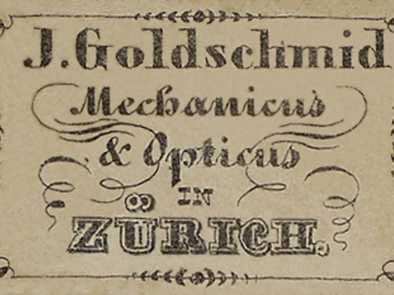 The image shows an old business card with the words "J. Goldschmidt Mechanicus & Optics in Zurich"...