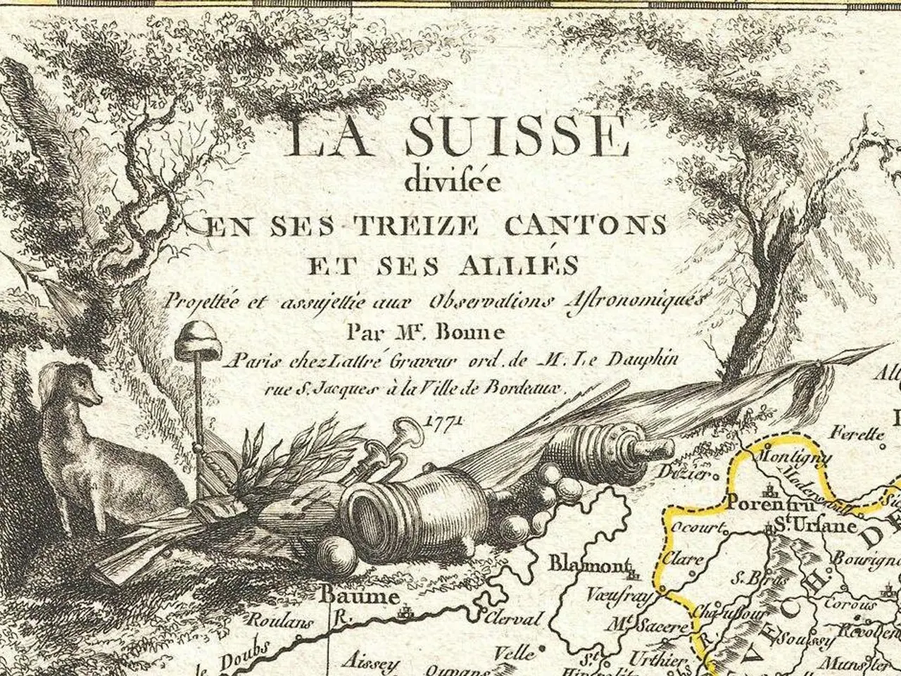 The image shows a poster with a map of the Swiss countryside, featuring trees, animals, and other...