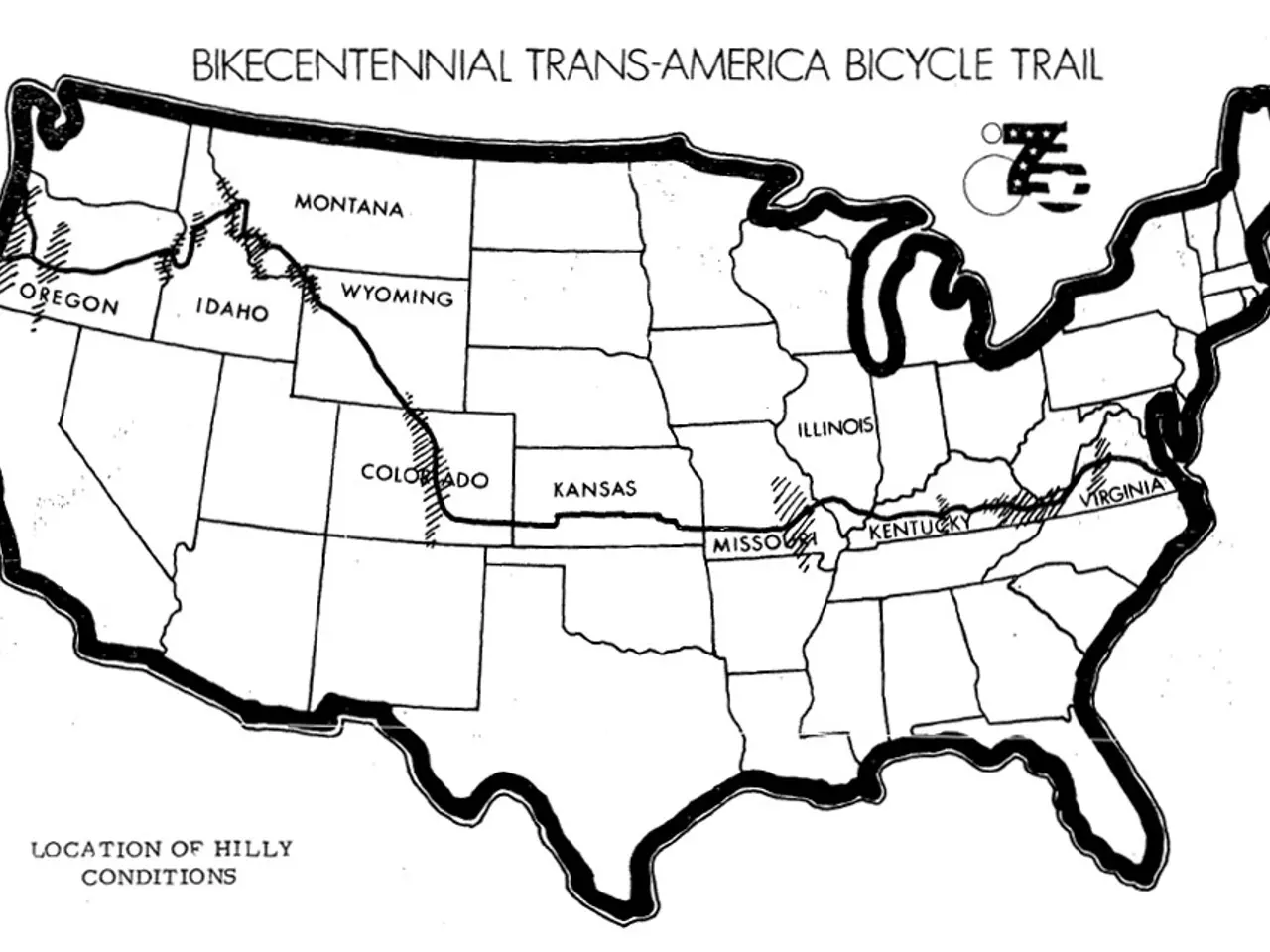 The image shows a black and white map of the United States with the words "Bike Centennial...