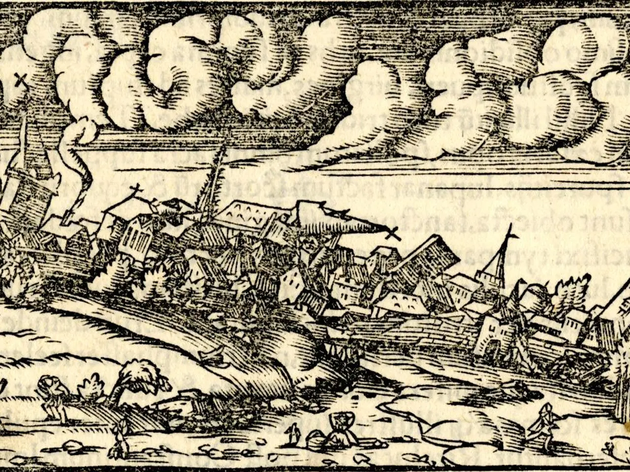 The image shows a black and white drawing of a city with smoke coming out of it, depicting people,...