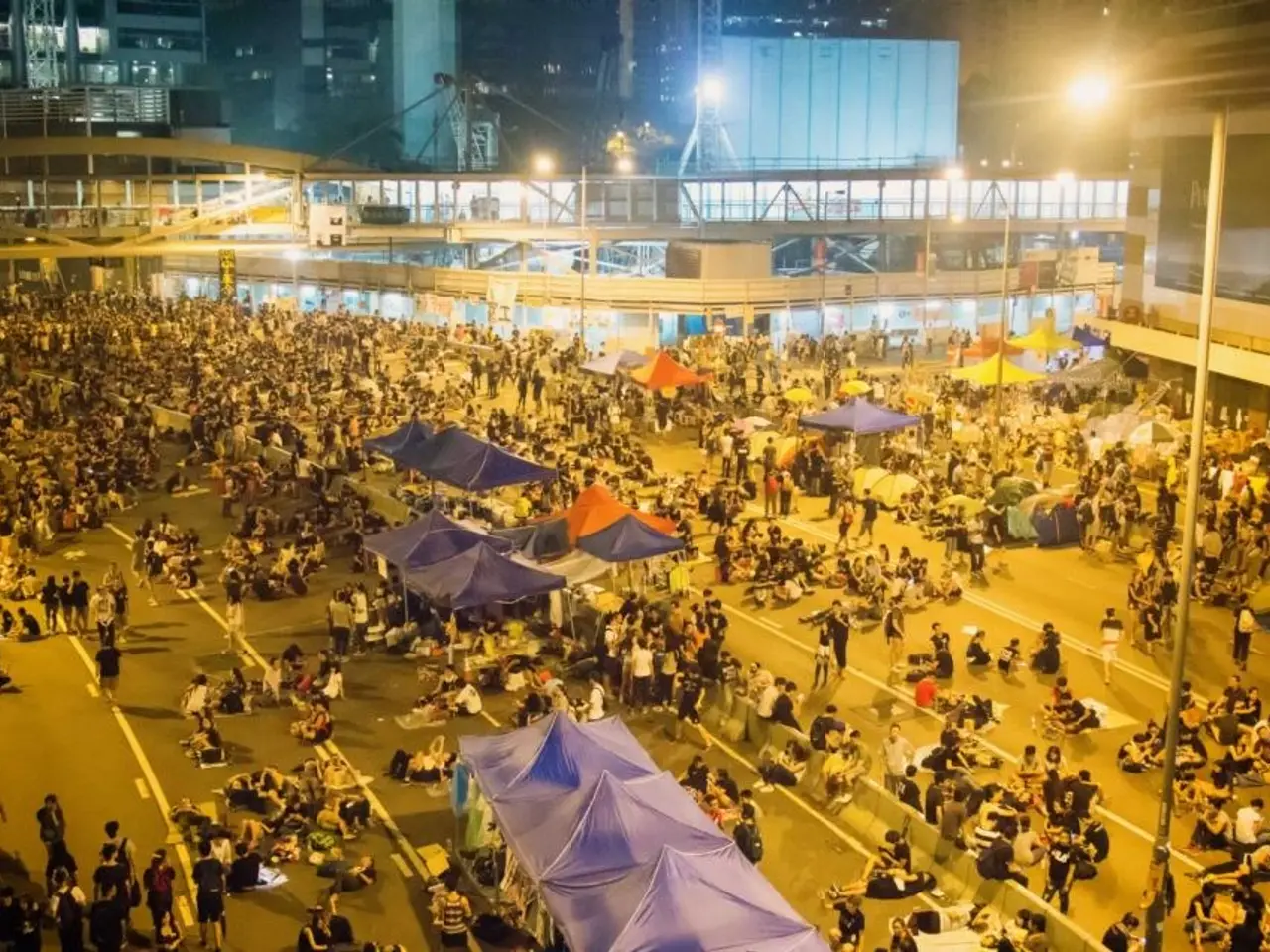 The image shows a large crowd of people standing in the middle of a street at night, illuminated by...