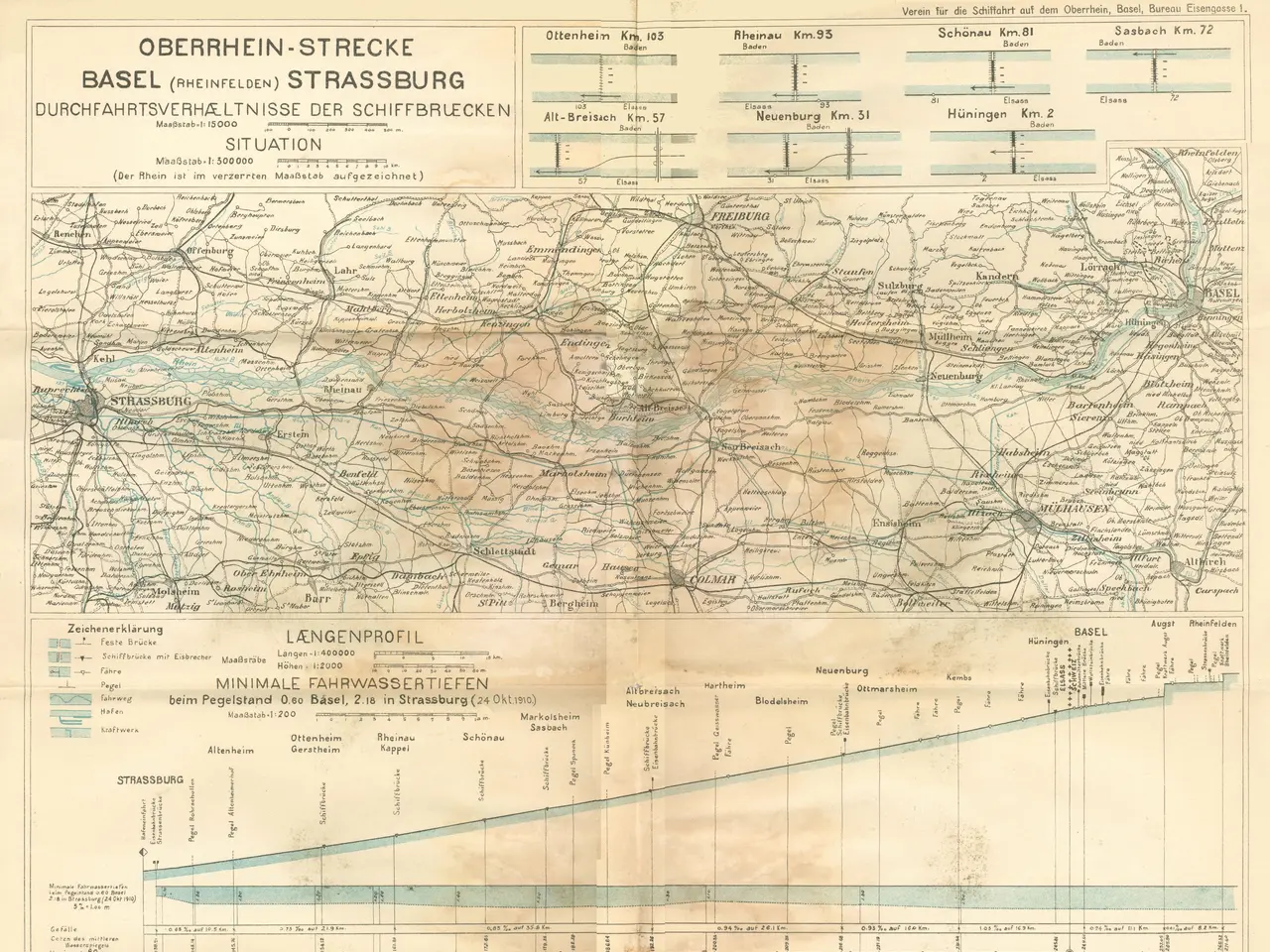 The image shows an old map of the Basel-Strasburg area of Germany, with text and lines indicating...