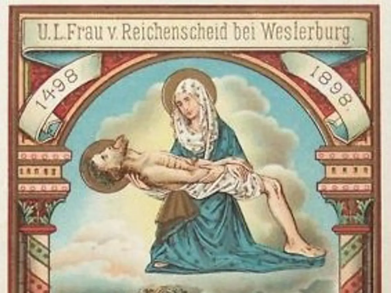 The image shows a poster of a woman holding a baby in her arms, with a building, plants, and a sky...