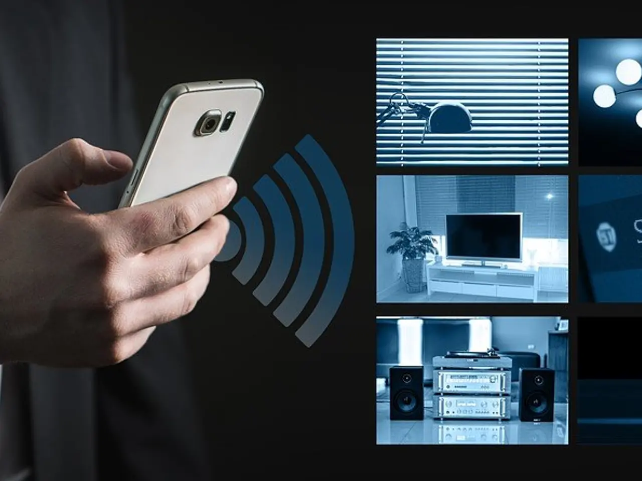 The image shows a man in a suit holding a smart phone in his hand, surrounded by a collage of...