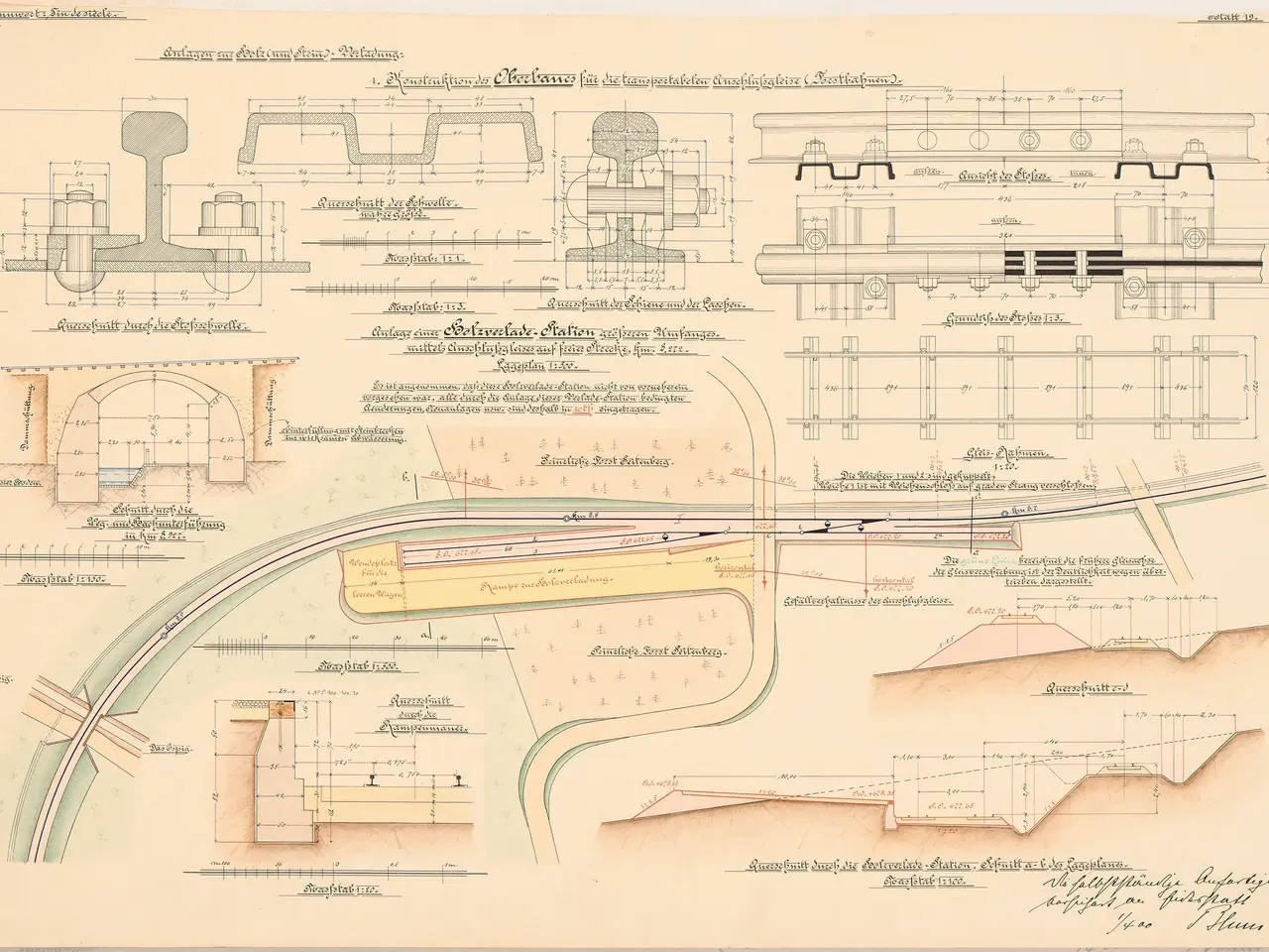 The image shows an old book with a drawing of a train track on it. The paper is filled with...