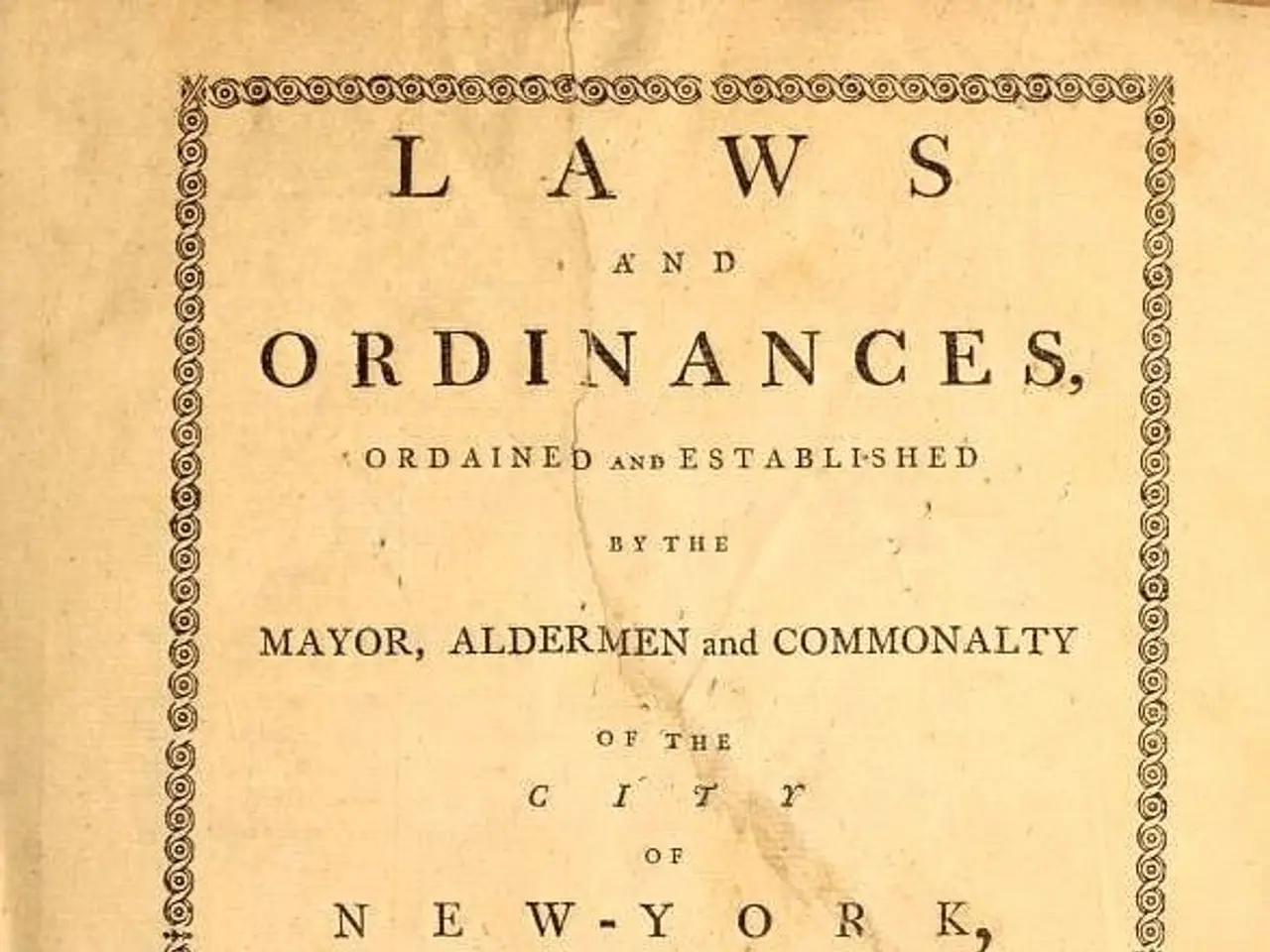 The image shows an old book with the title "Laws and Ordinances, Ordained and Established by the...