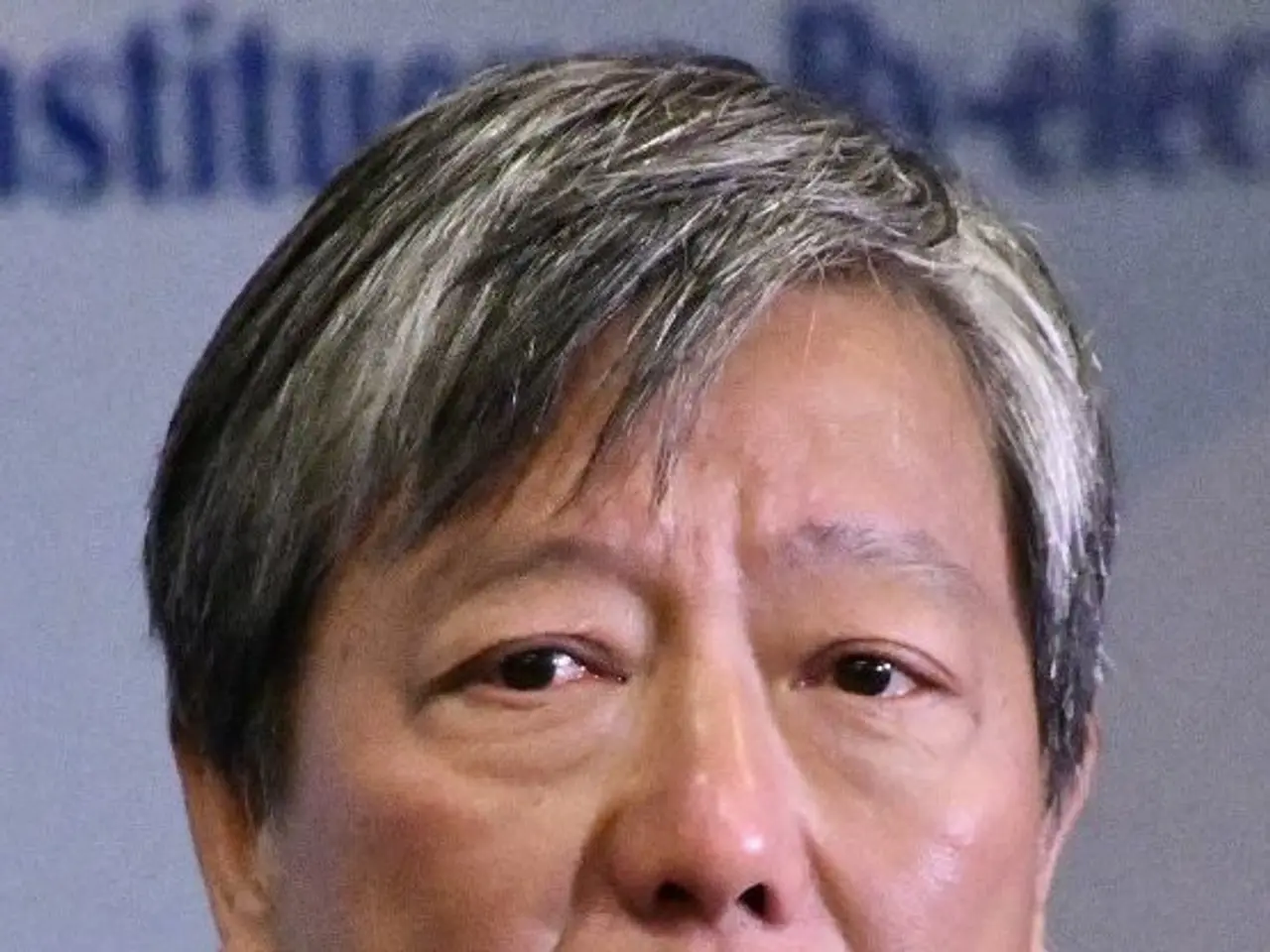 The image shows a man in a suit and tie speaking into a microphone in the foreground, while in the...