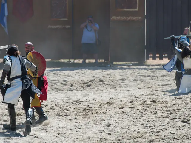 In this image on the right side and left side there are some people who are fighting, and at the...