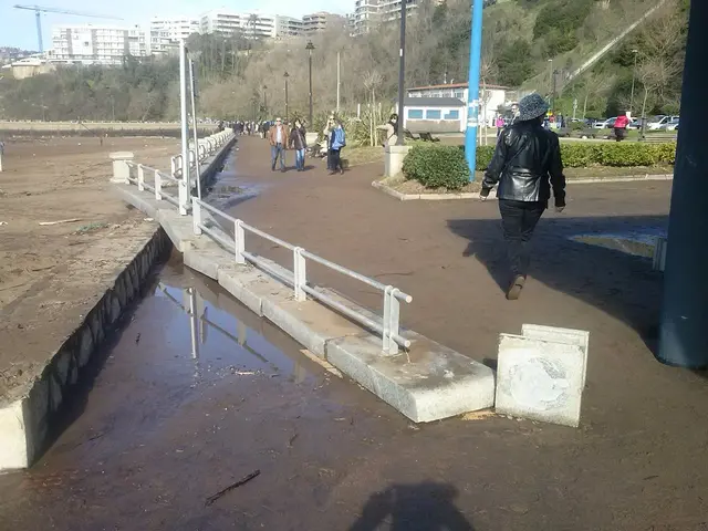 In this picture there is a woman wearing a black leather jacket, walking on the ground. Beside...