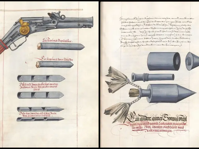On the left side page, there is a painting of a gun and paintings of the bullets, there are texts...