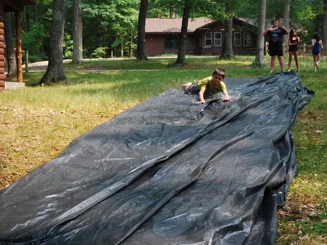 In this image, we can see a kid on the tarpaulin cover. There are three kids in the top right of...
