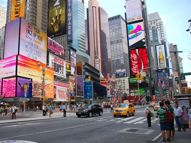 In the image we can see there are many buildings and there are posters. We can see there are even...