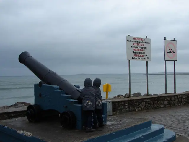 Here we can see military weapon, kids, signboards, rock wall and poles. Background we can see the...