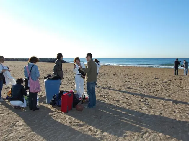 In this image there are a few people standing on the beach sand, beside them there is luggage, in...